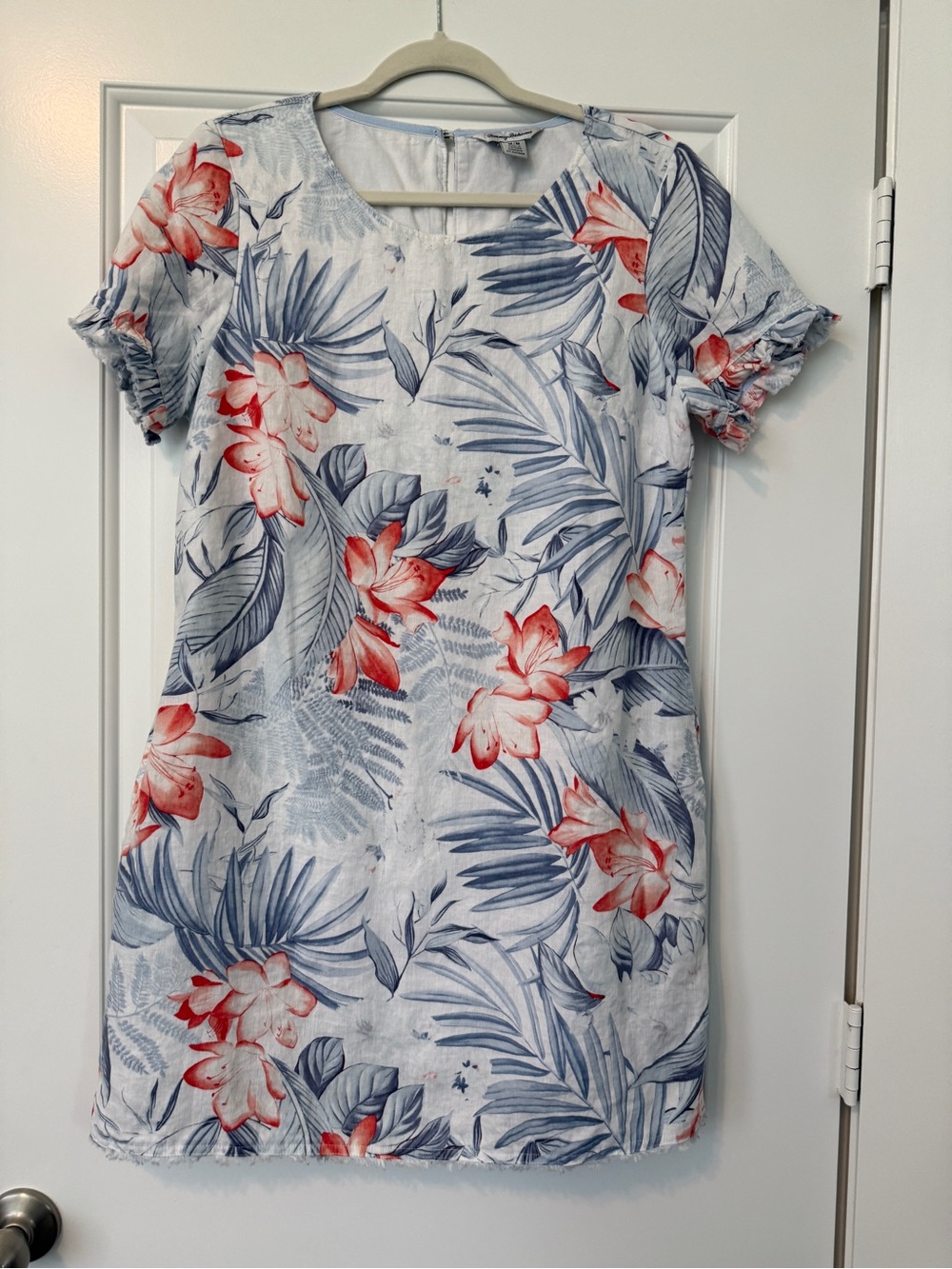 Tommy Bahama Island Breeze Linen Ruffle Sleeve Lined Tropical Dress Pockets M